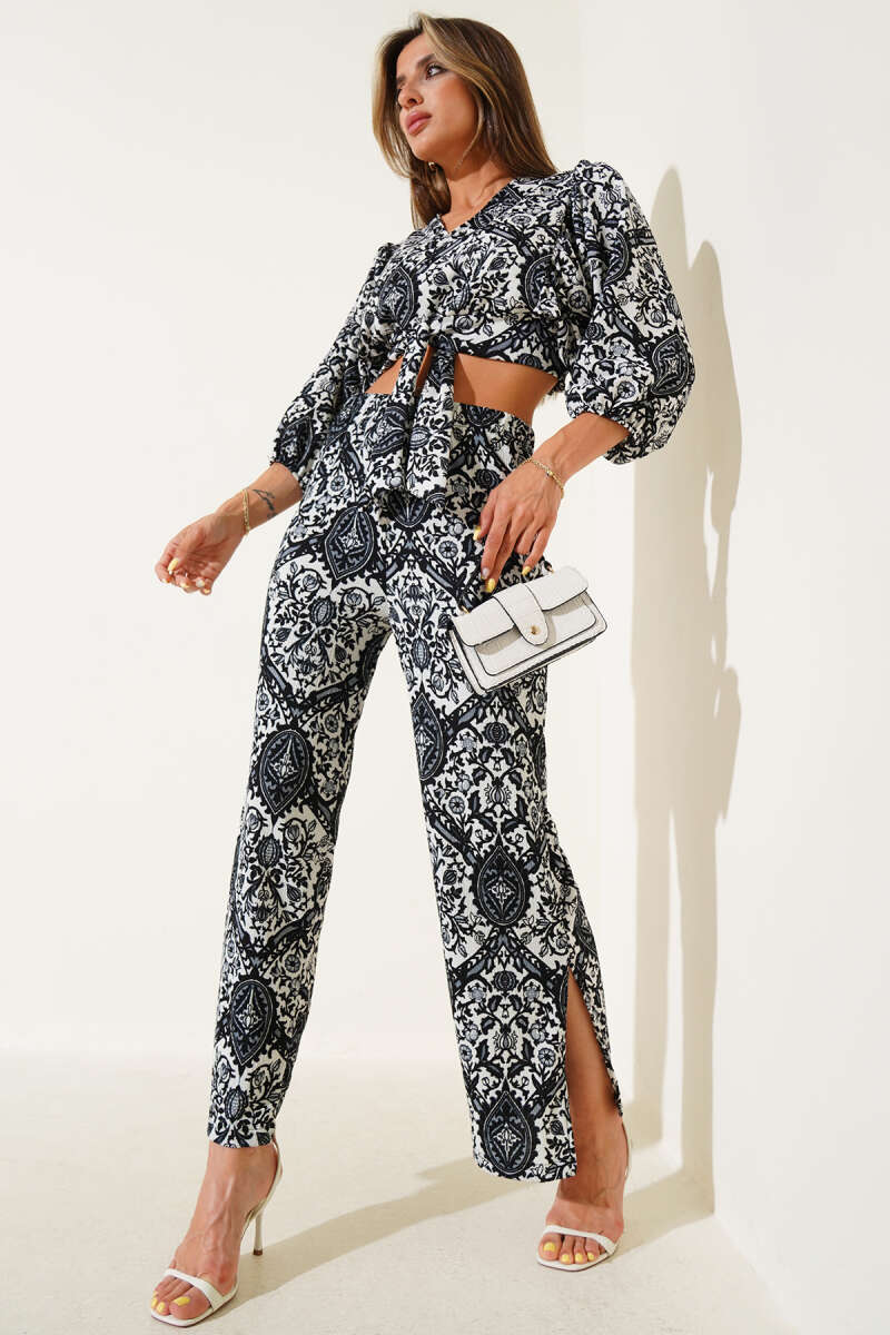 Printed Tie-Front Two-Piece Set - Black