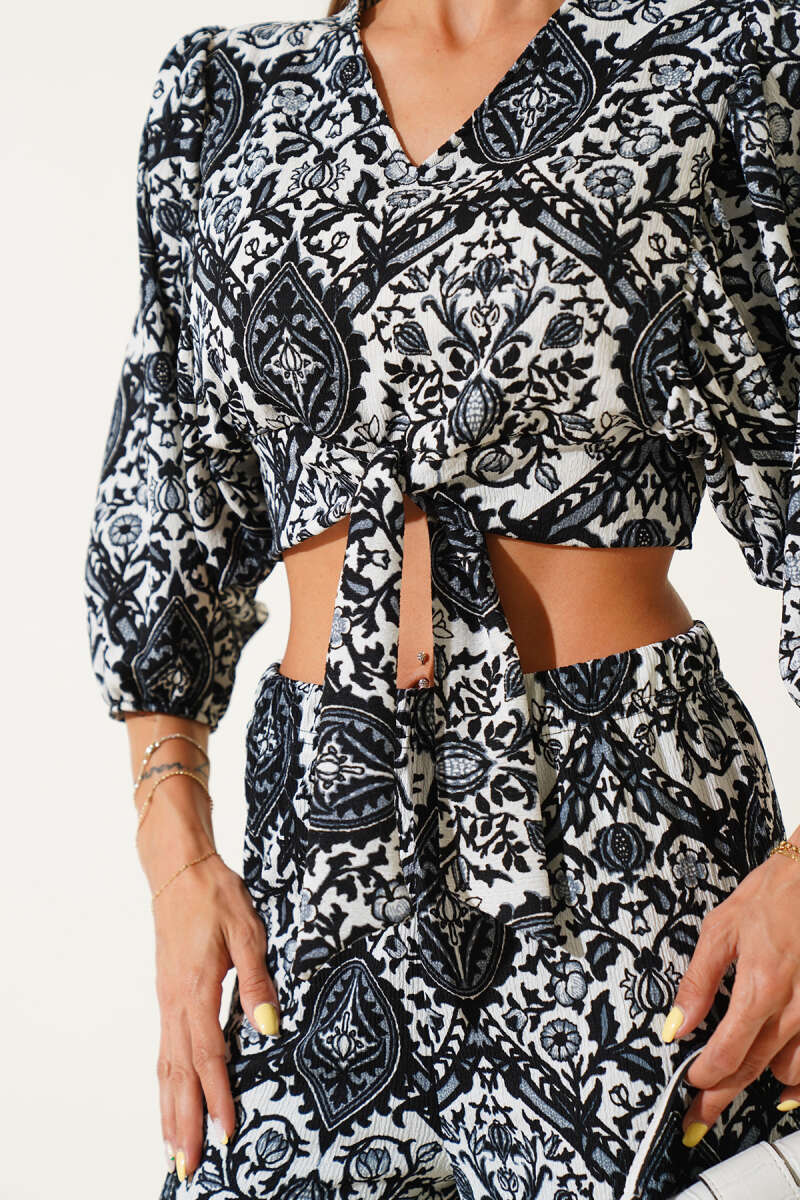 Printed Tie-Front Two-Piece Set - Black