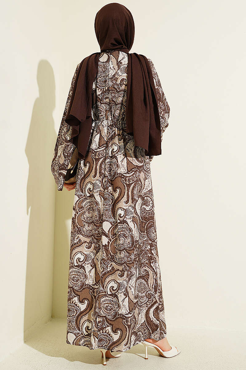 Patterned Dress with Front Tie - Brown