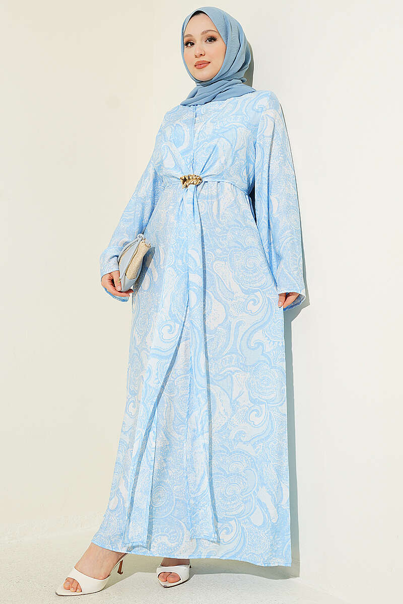 Patterned Dress with Front Tie - Blue