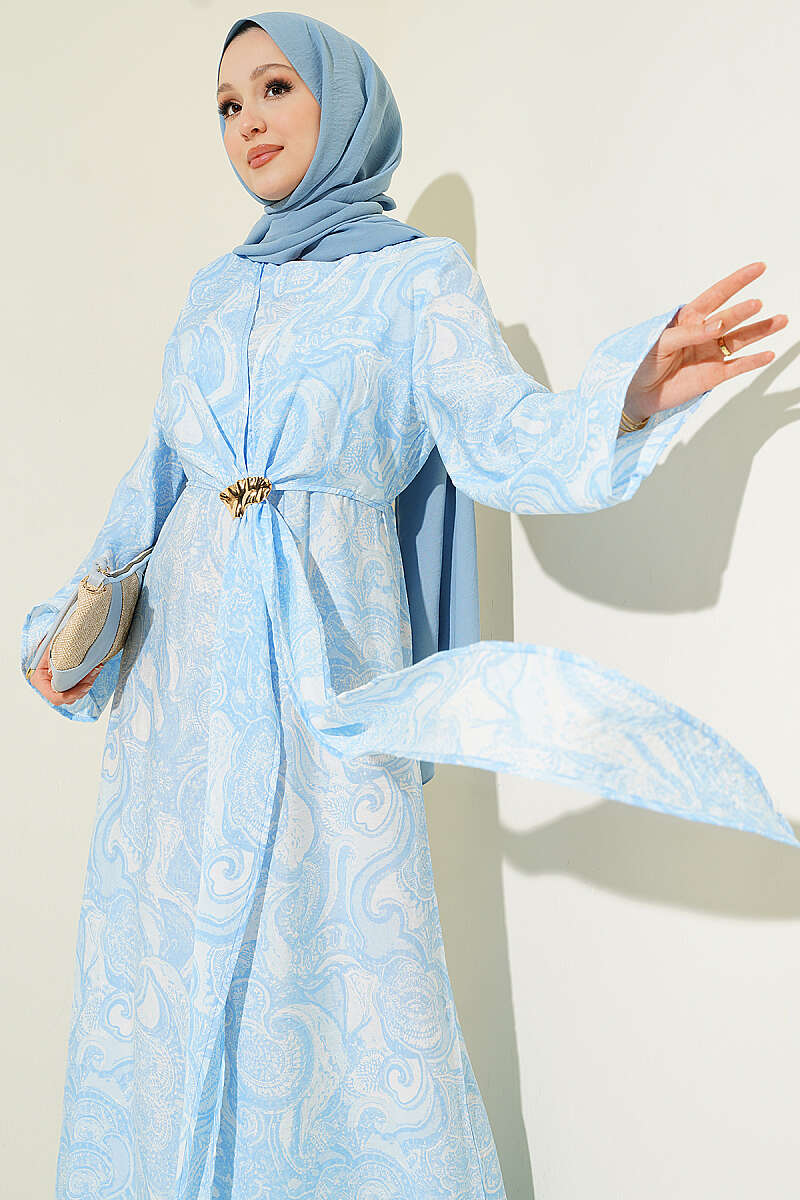 Patterned Dress with Front Tie - Blue