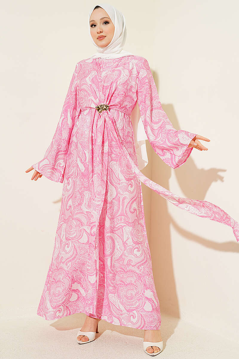 Patterned Dress with Front Tie - Pink