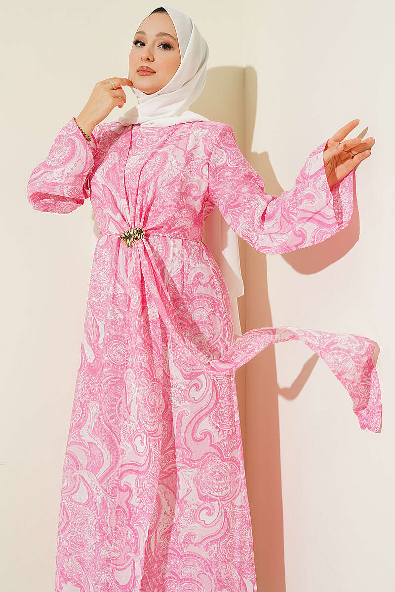 Patterned Dress with Front Tie - Pink