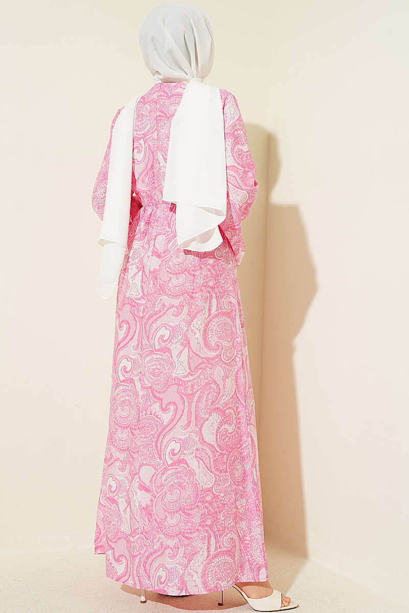 Patterned Dress with Front Tie - Pink