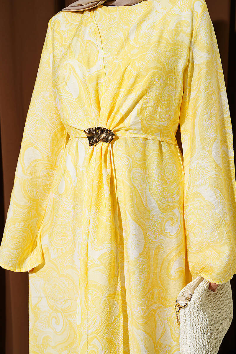 Patterned Dress with Front Tie - Yellow