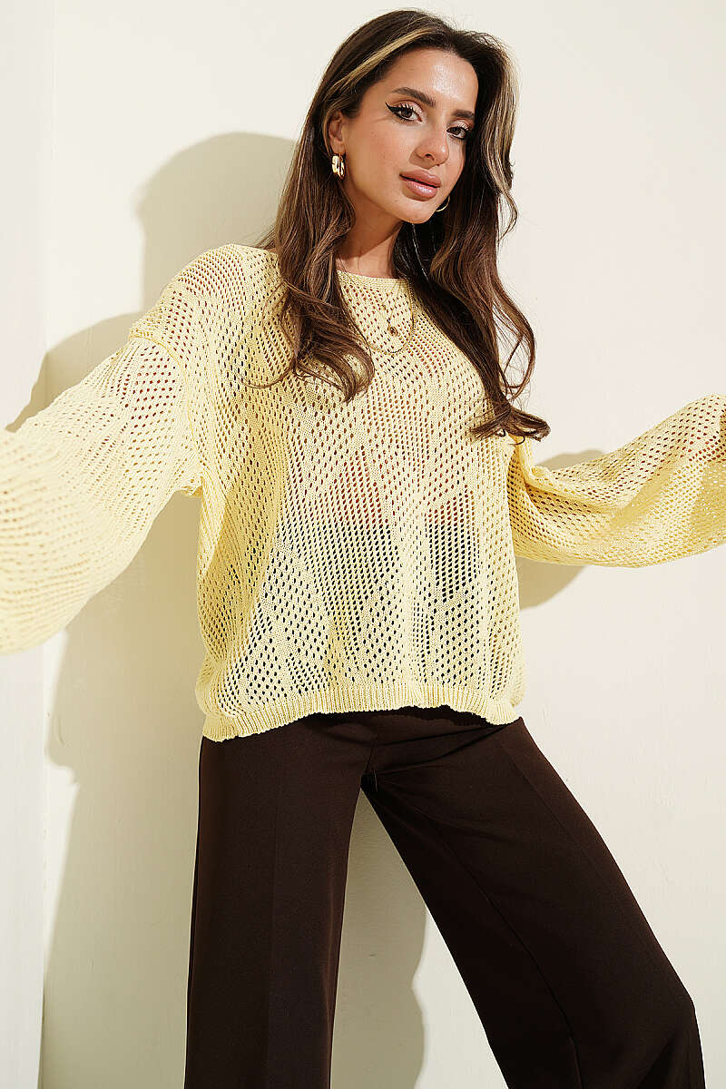 Patterned Oversized Openwork Sweater - Yellow
