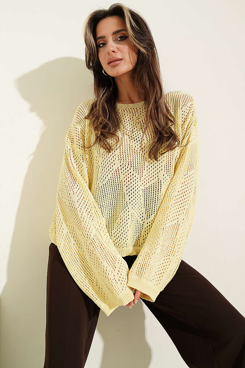 Patterned Oversized Openwork Sweater - Yellow