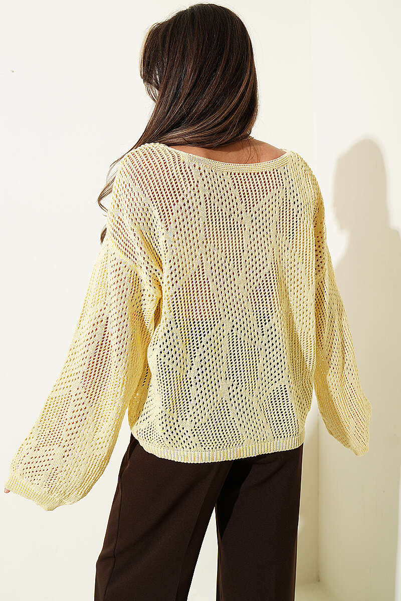 Patterned Oversized Openwork Sweater - Yellow