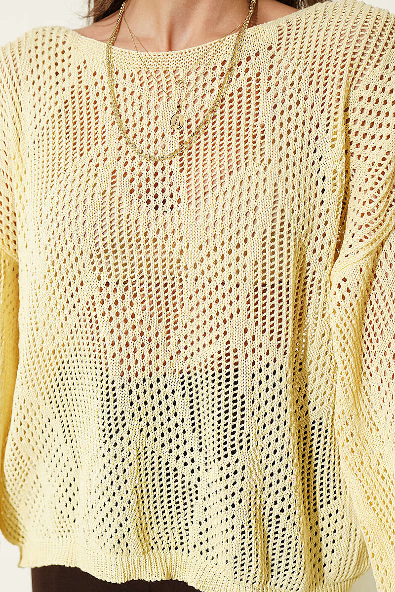 Patterned Oversized Openwork Sweater - Yellow