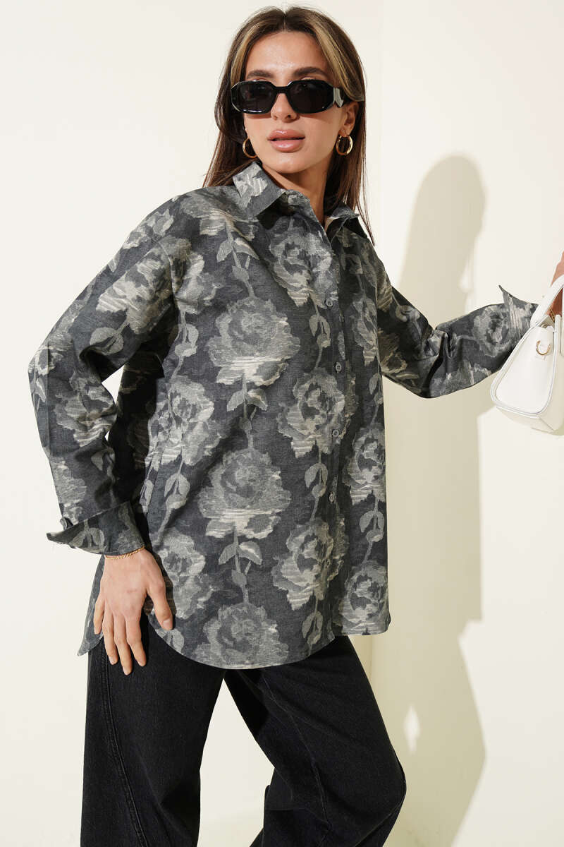 Printed Oversized Shirt - Charcoal