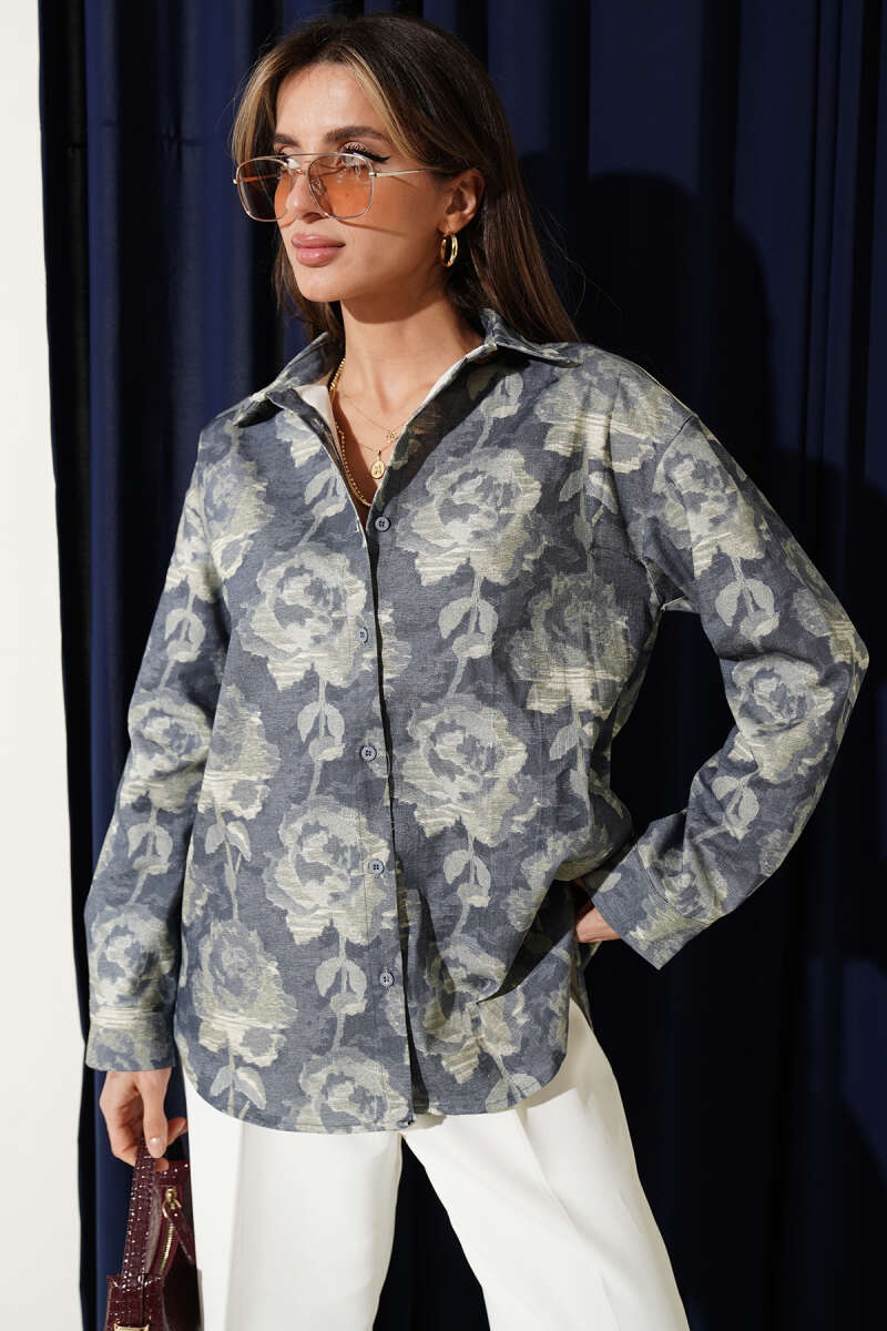 Printed Oversized Shirt - Blue
