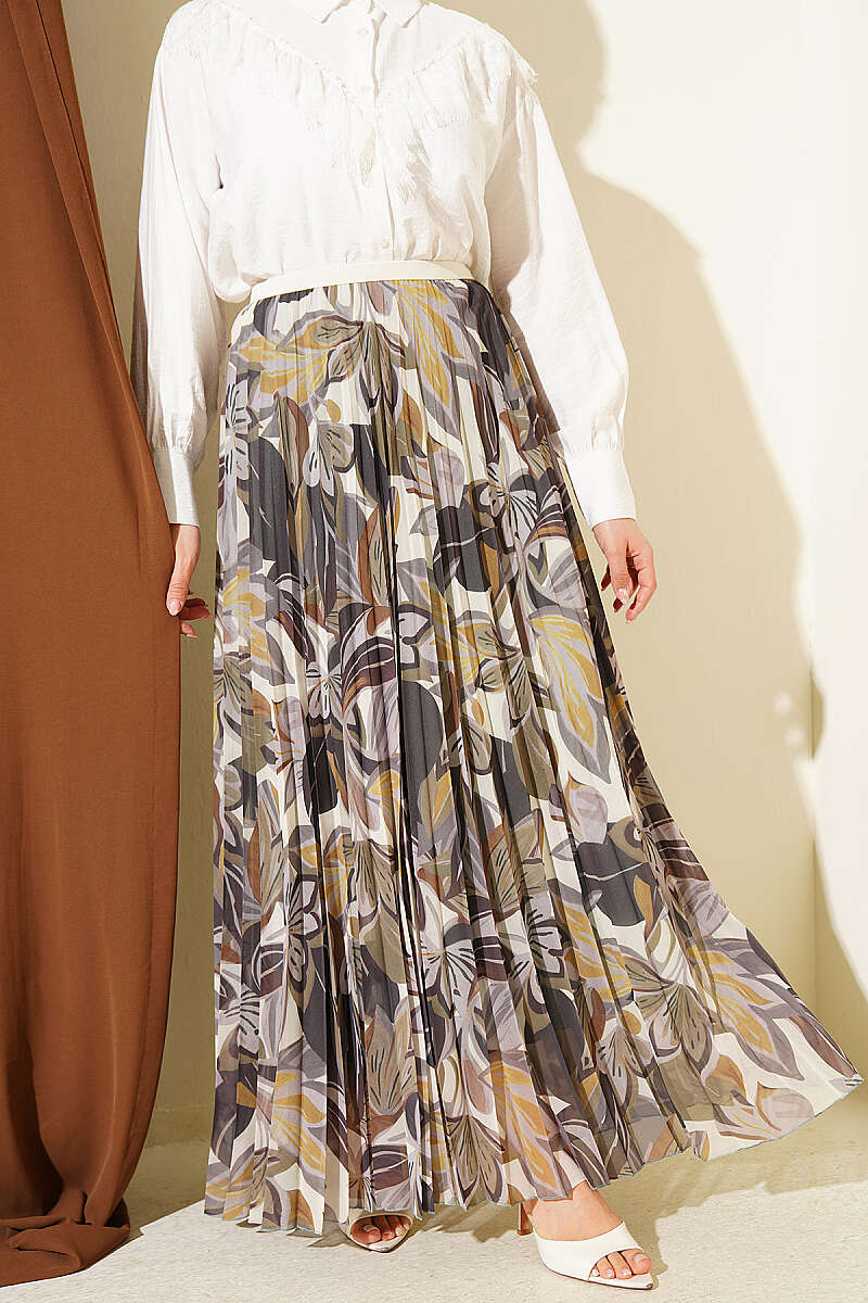 Patterned Pleated Chiffon Skirt with Elastic Waist - Khaki