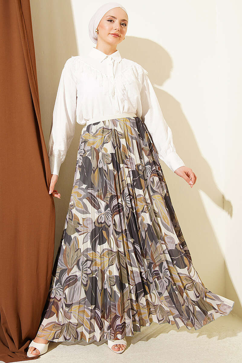 Patterned Pleated Chiffon Skirt with Elastic Waist - Khaki