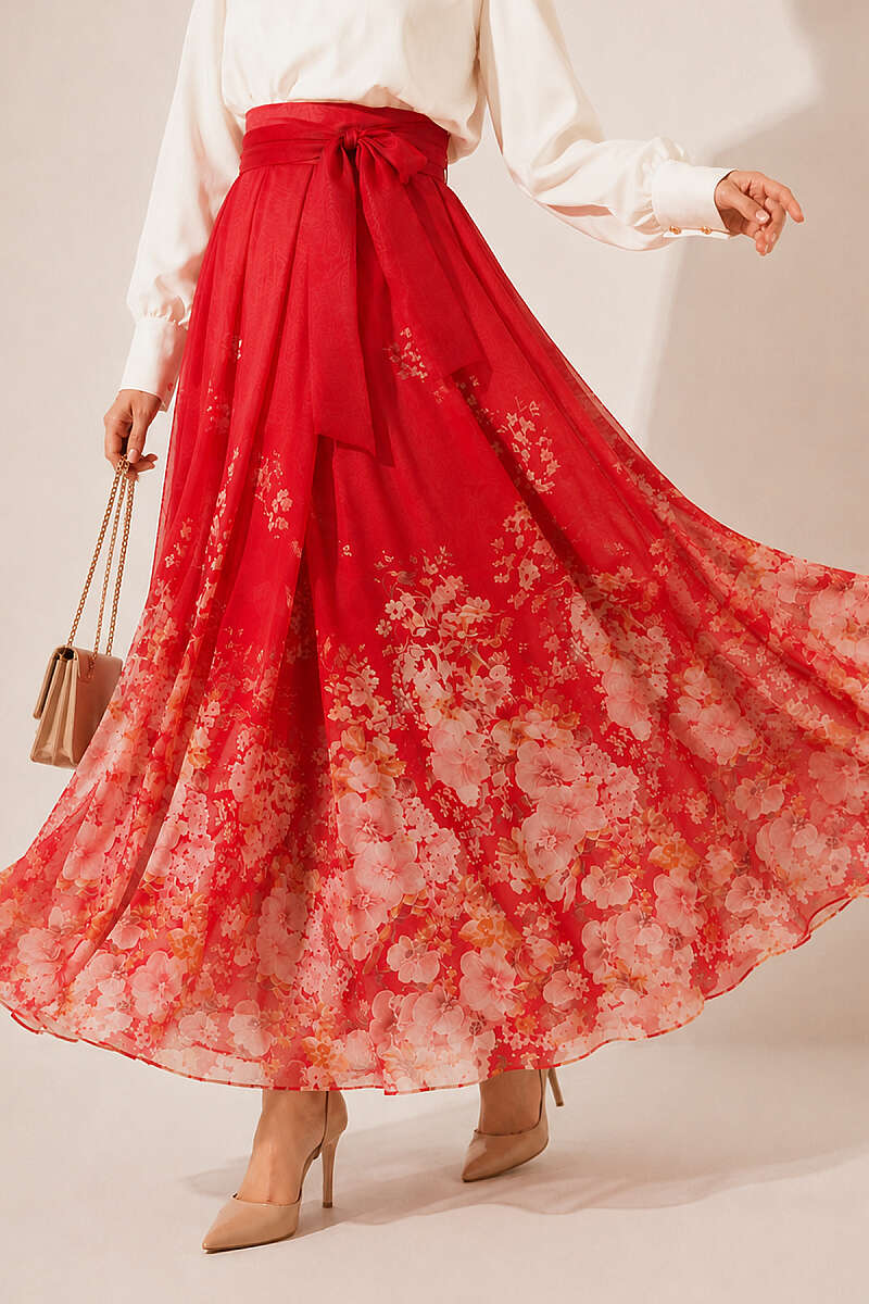 Patterned Pleated Skirt - Red