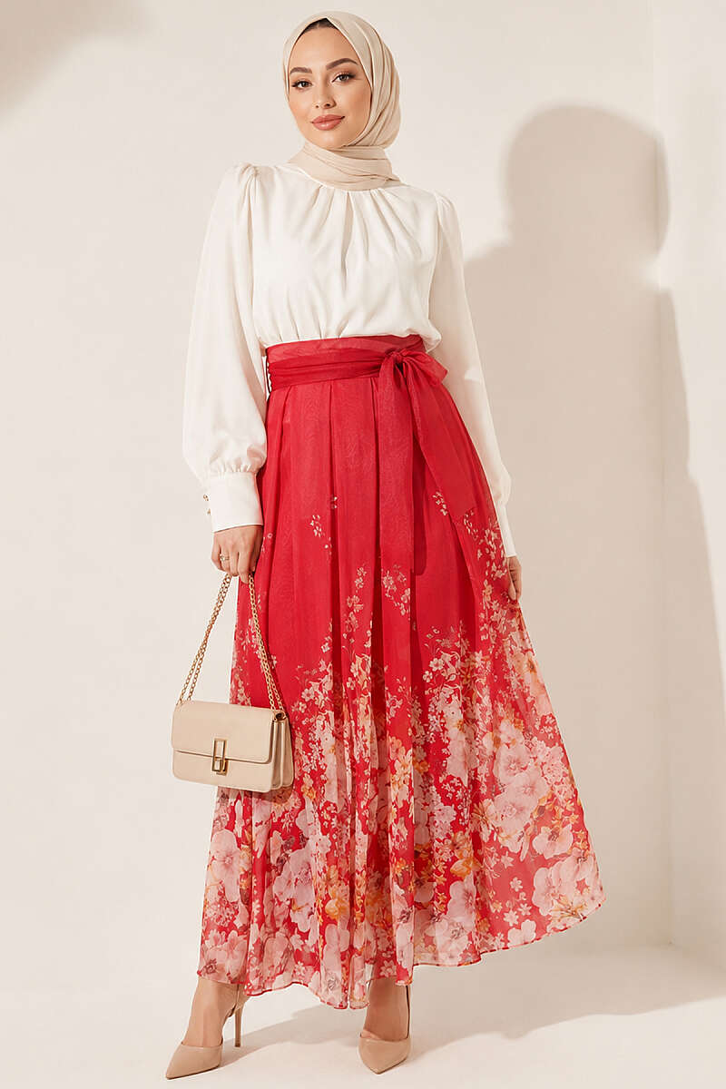 Patterned Pleated Skirt - Red