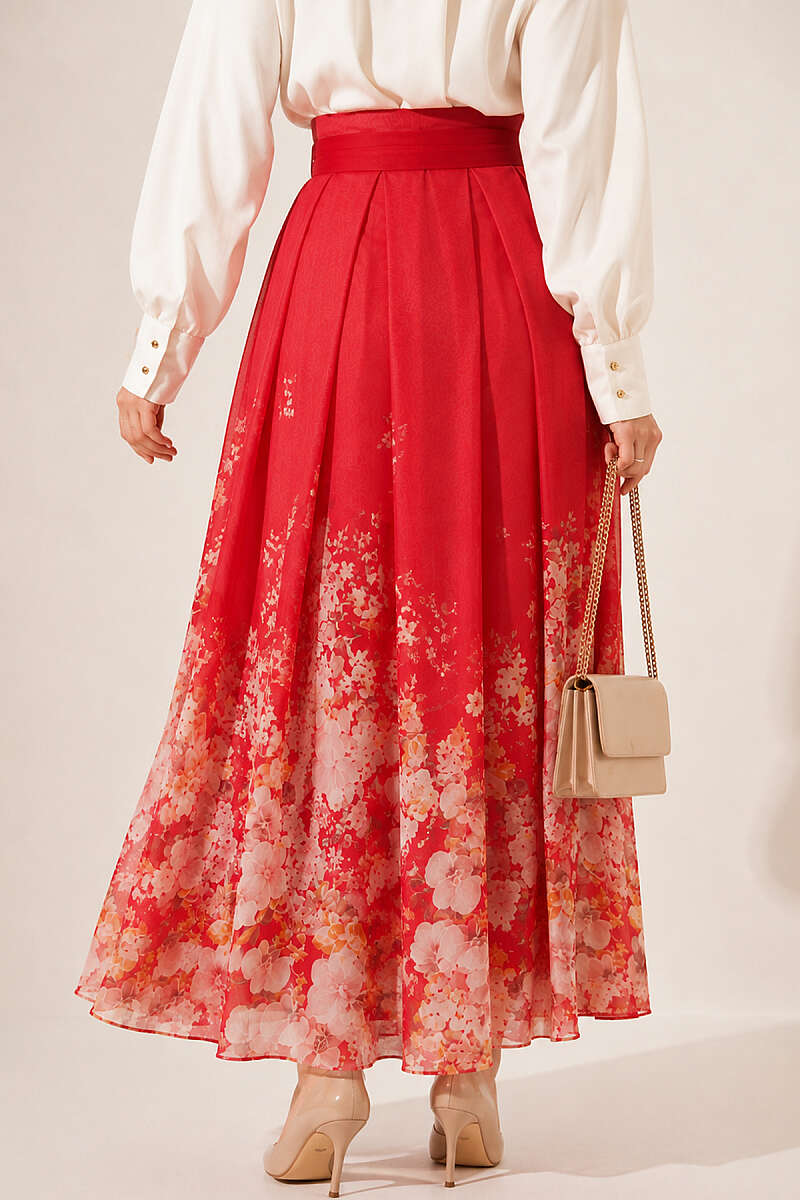 Patterned Pleated Skirt - Red