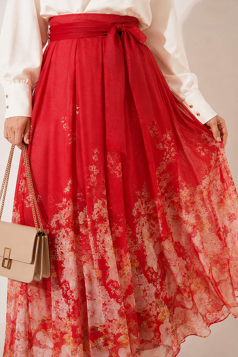 Patterned Pleated Skirt - Red