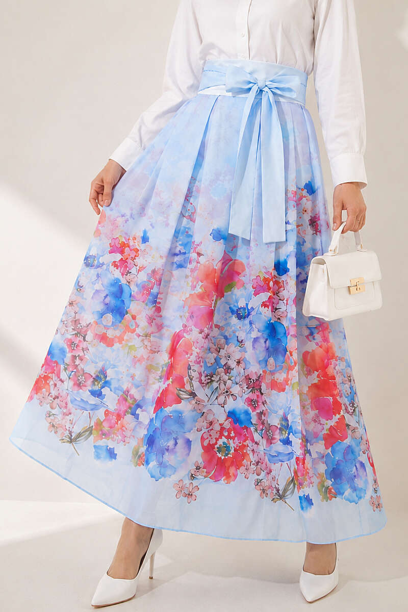 Patterned Pleated Skirt - Blue