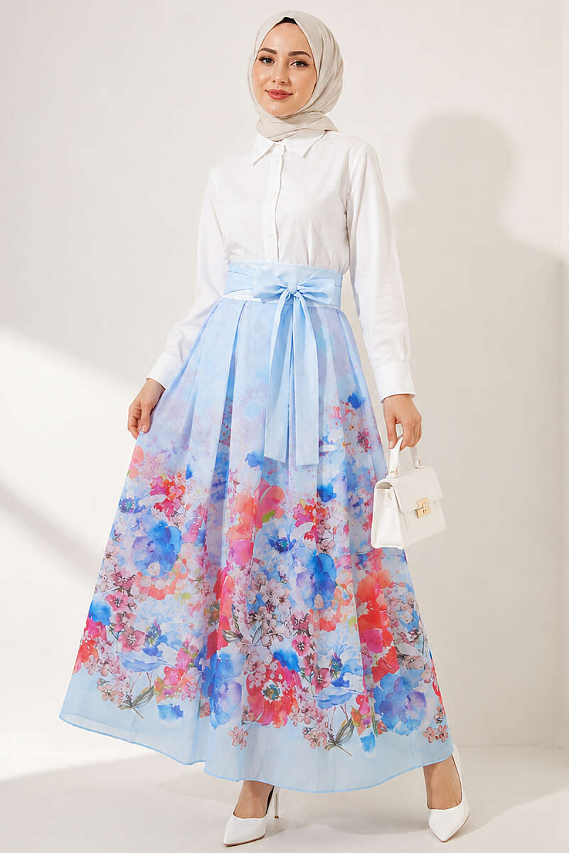 Patterned Pleated Skirt - Blue