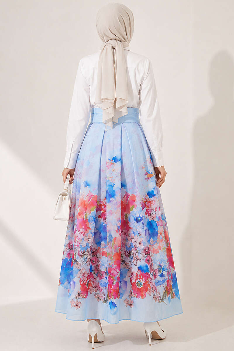 Patterned Pleated Skirt - Blue