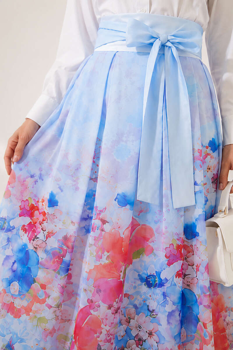 Patterned Pleated Skirt - Blue