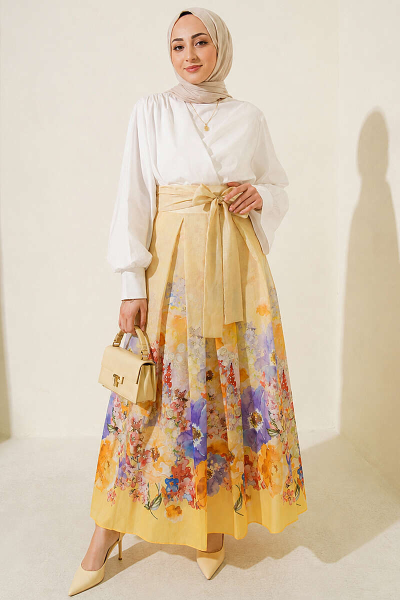 Patterned Pleated Skirt - Yellow