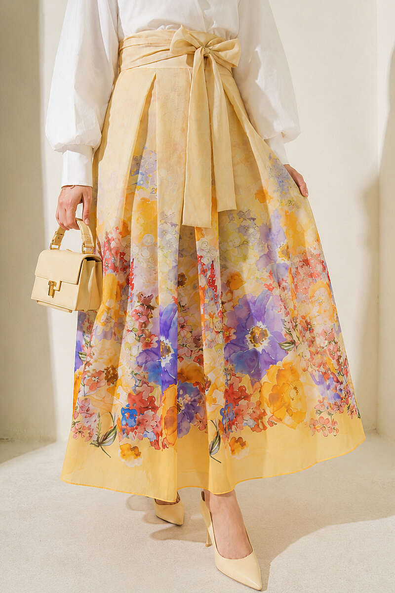 Patterned Pleated Skirt - Yellow