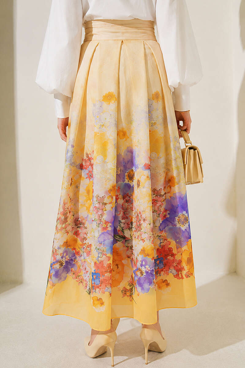 Patterned Pleated Skirt - Yellow