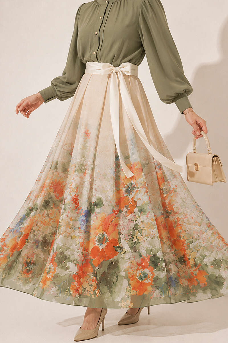 Patterned Pleated Skirt - Aqua Green