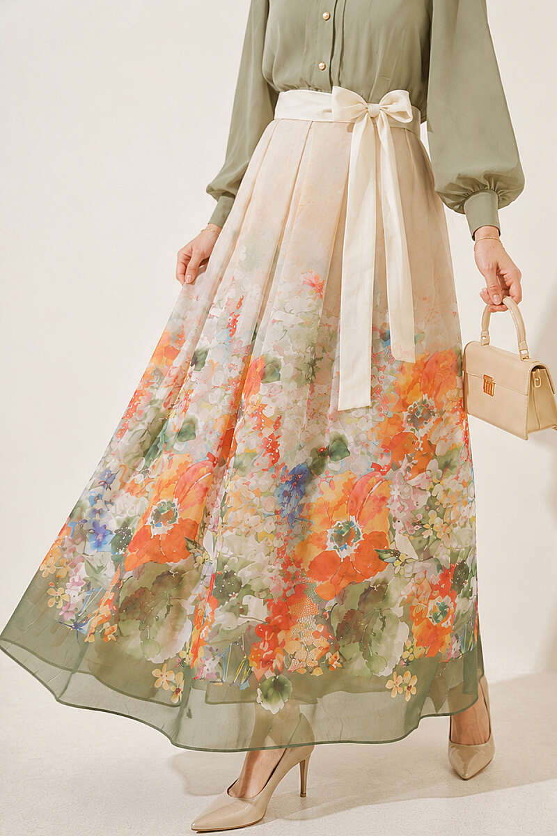 Patterned Pleated Skirt - Aqua Green