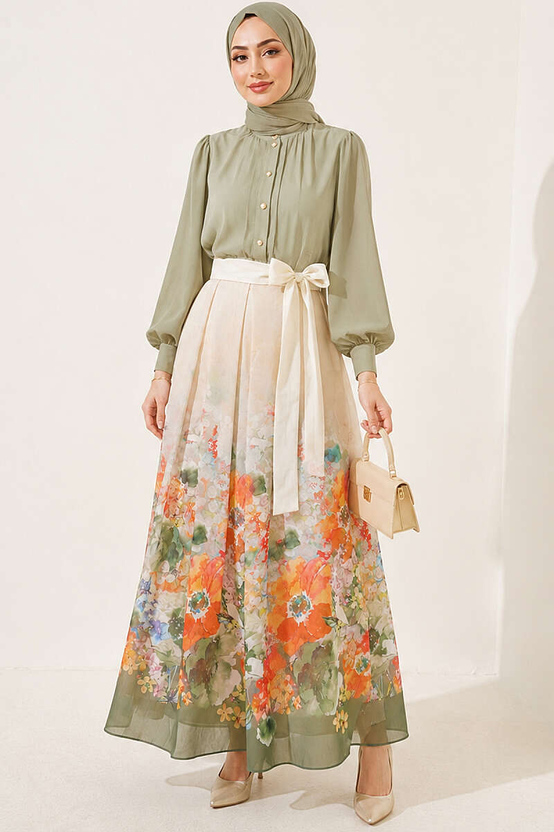 Patterned Pleated Skirt - Aqua Green