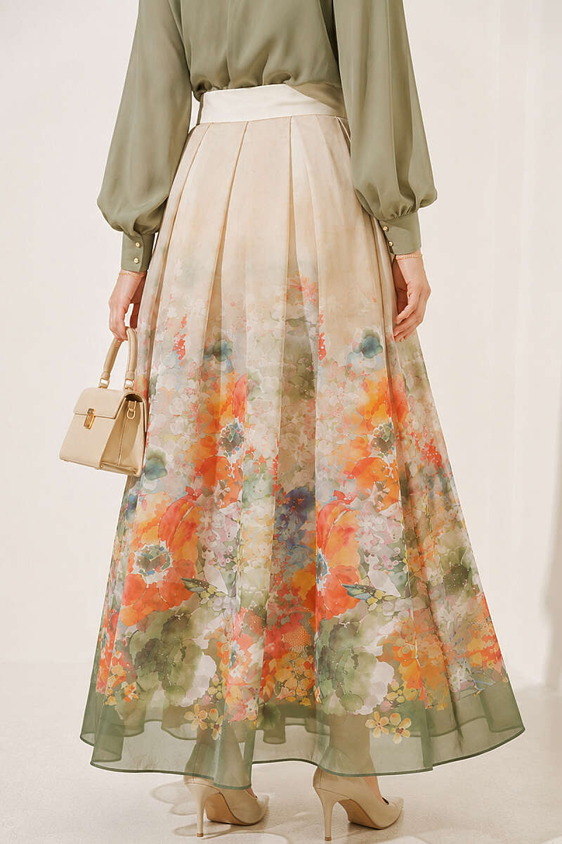 Patterned Pleated Skirt - Aqua Green