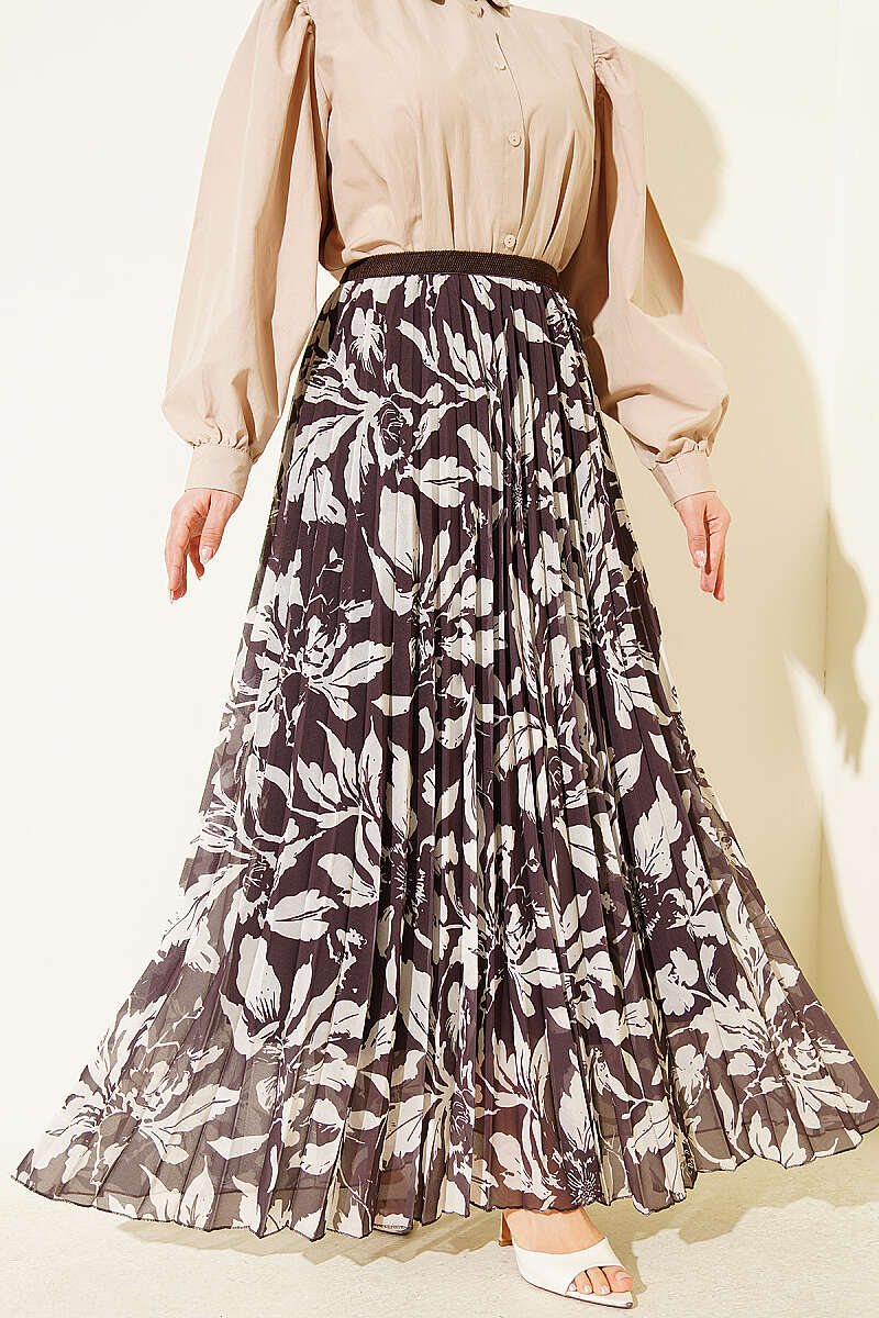 Patterned Plissé Chiffon Skirt with Elastic Waist - Dark Brown
