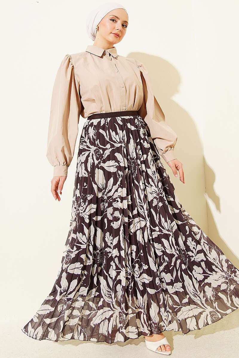 Patterned Plissé Chiffon Skirt with Elastic Waist - Dark Brown