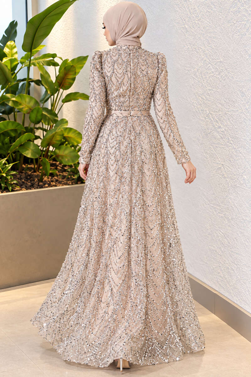Sequin-Embroidered Patterned Evening Dress - Beige