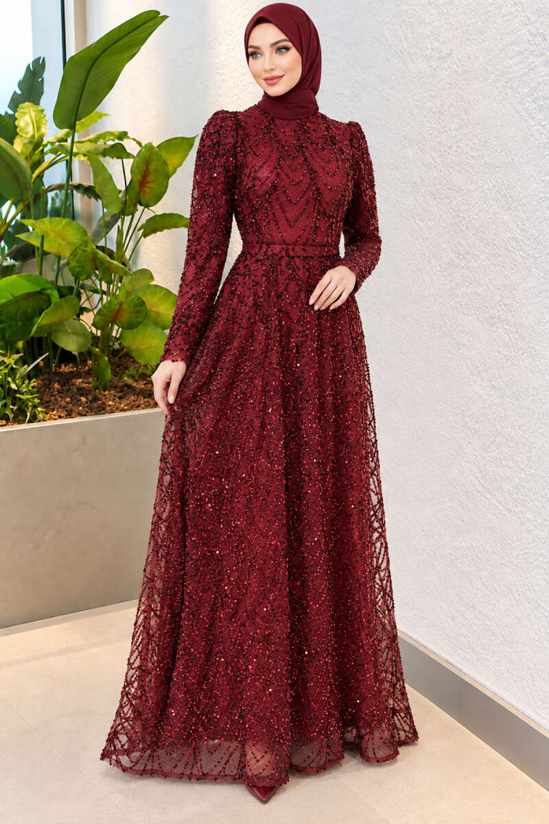 Sequin-Embroidered Patterned Evening Dress - Burgundy