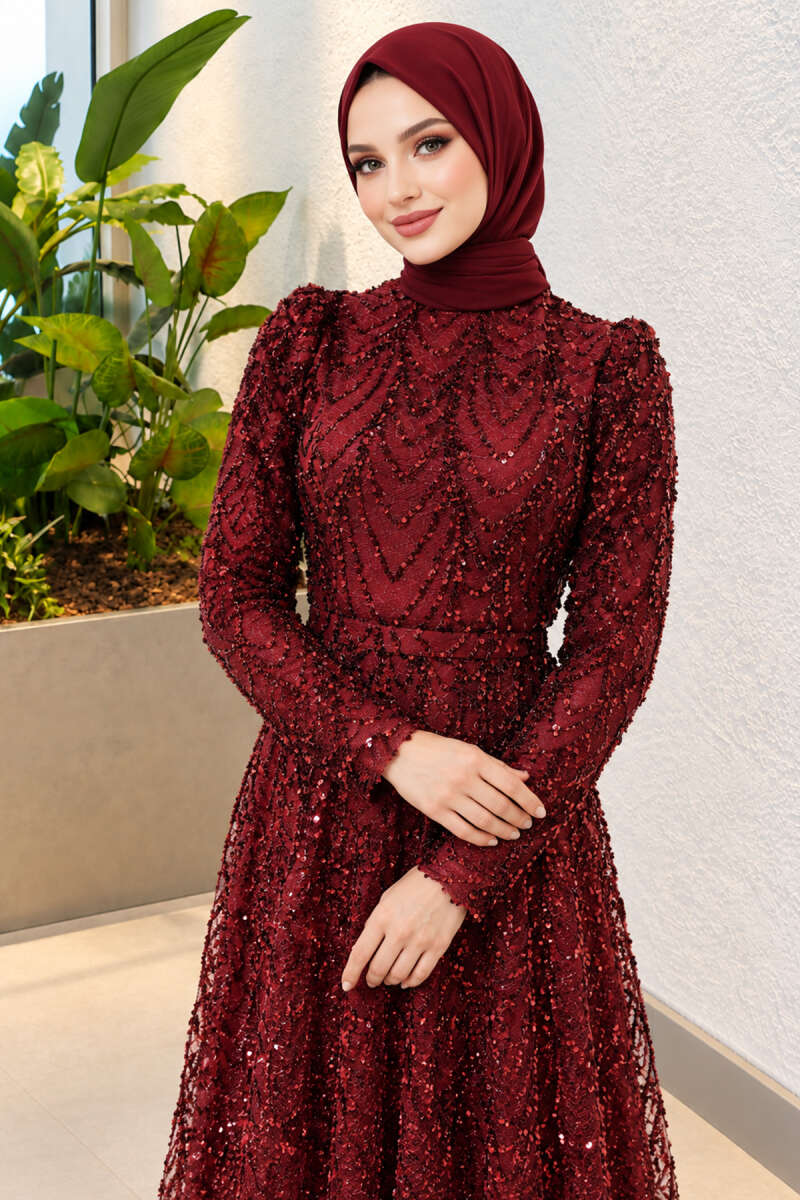 Sequin-Embroidered Patterned Evening Dress - Burgundy