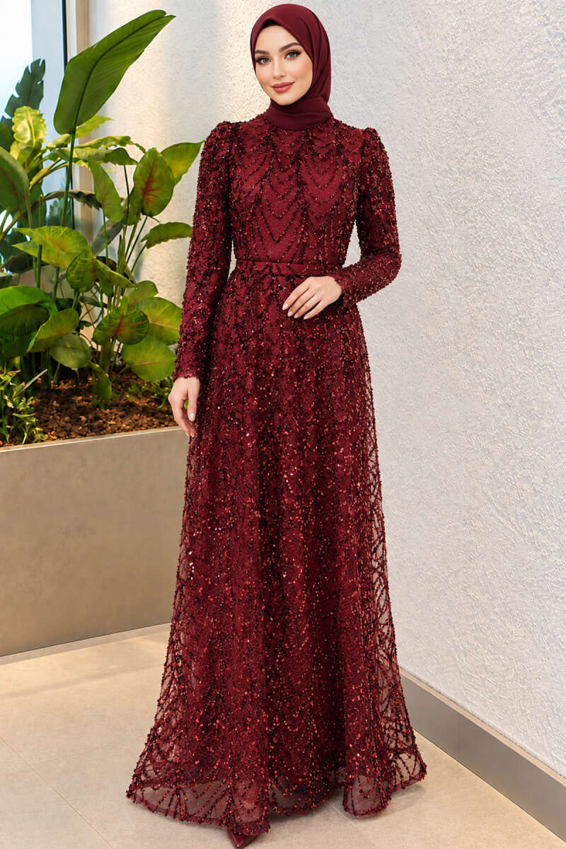 Sequin-Embroidered Patterned Evening Dress - Burgundy