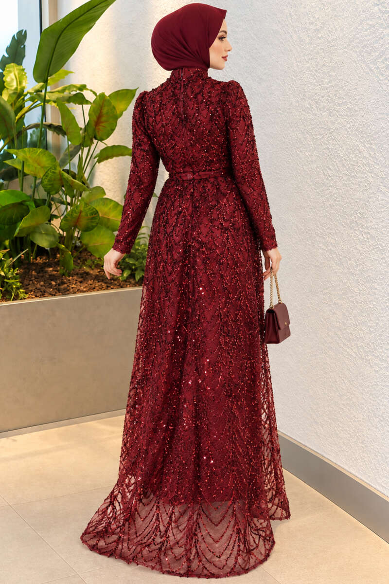 Sequin-Embroidered Patterned Evening Dress - Burgundy