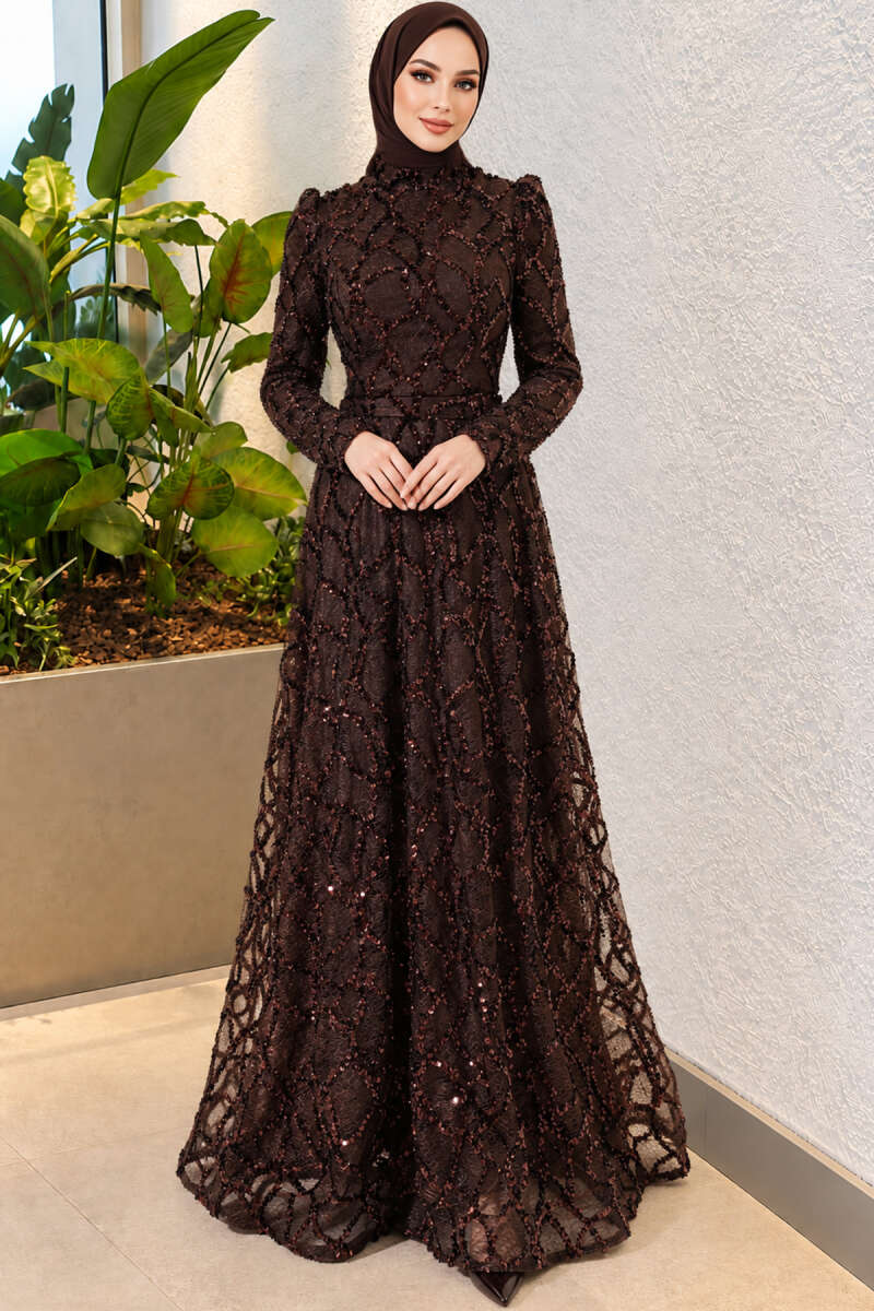Sequin-Embroidered Patterned Evening Dress - Brown