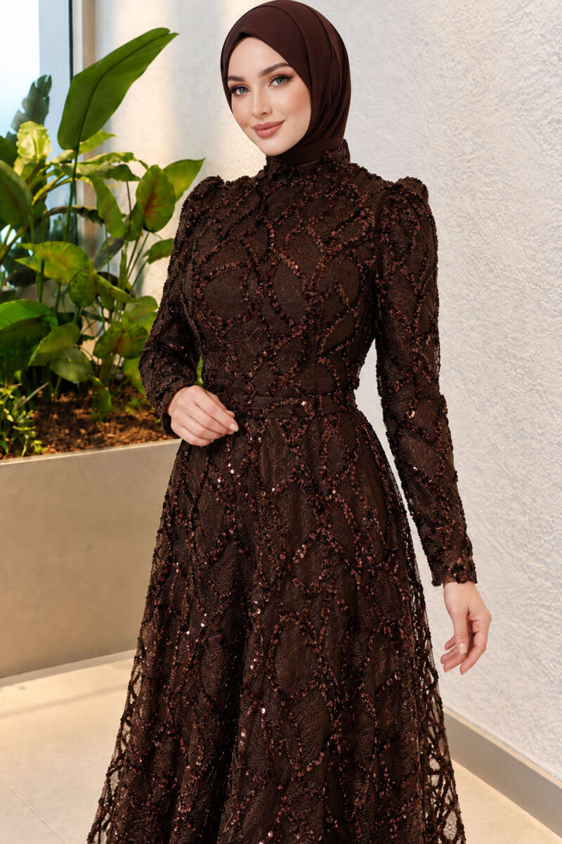 Sequin-Embroidered Patterned Evening Dress - Brown