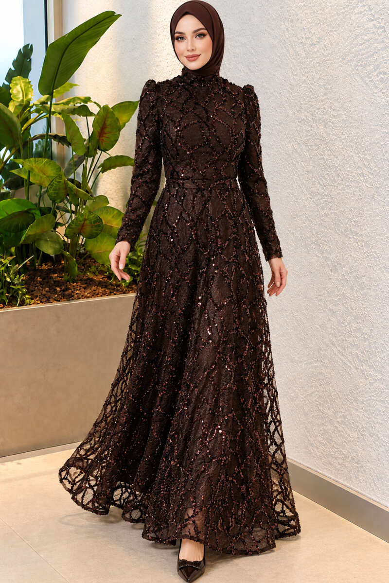Sequin-Embroidered Patterned Evening Dress - Brown