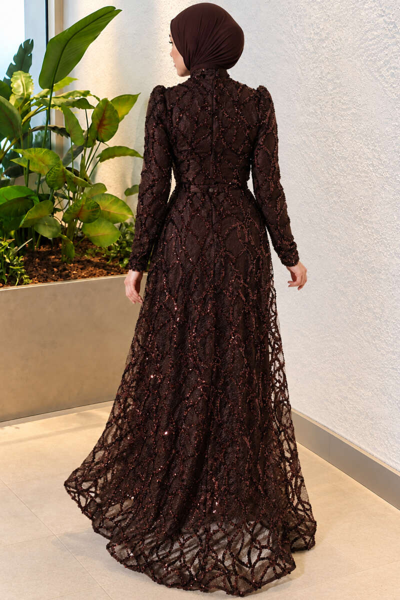 Sequin-Embroidered Patterned Evening Dress - Brown
