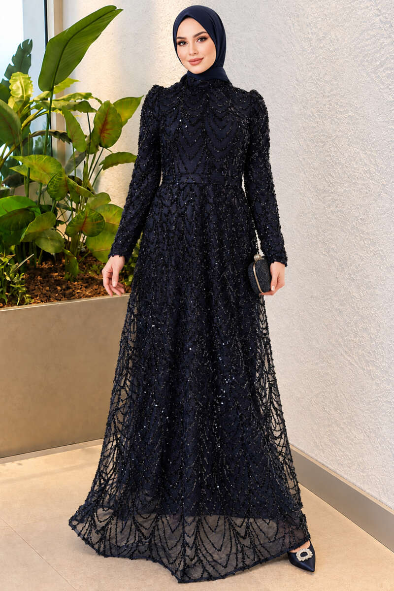 Sequin-Embroidered Patterned Evening Dress - Navy