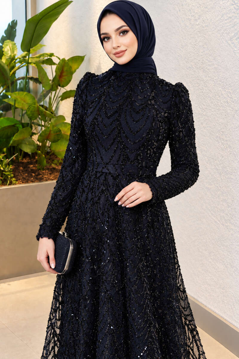 Sequin-Embroidered Patterned Evening Dress - Navy