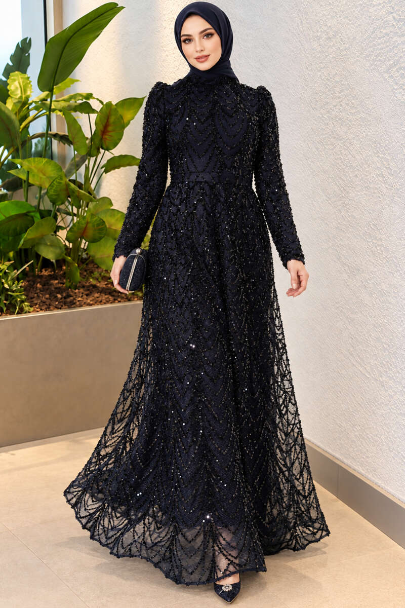Sequin-Embroidered Patterned Evening Dress - Navy