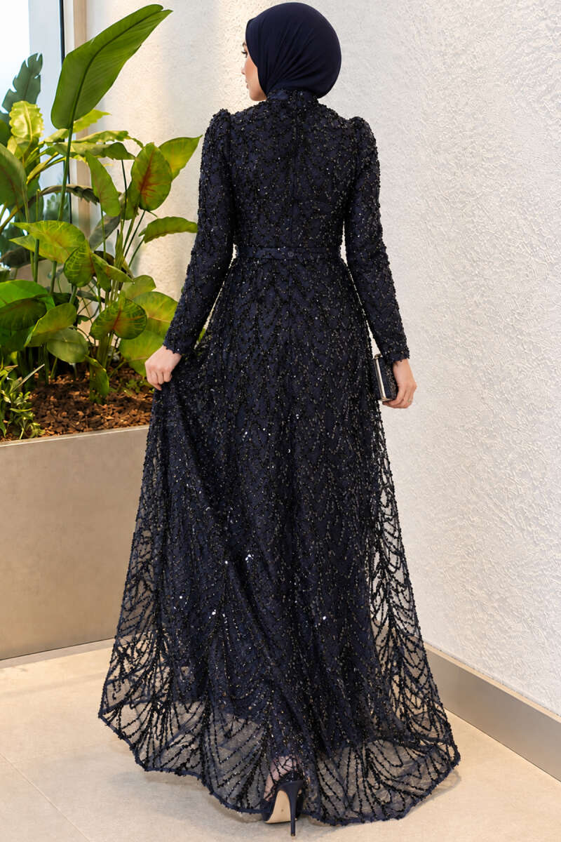 Sequin-Embroidered Patterned Evening Dress - Navy