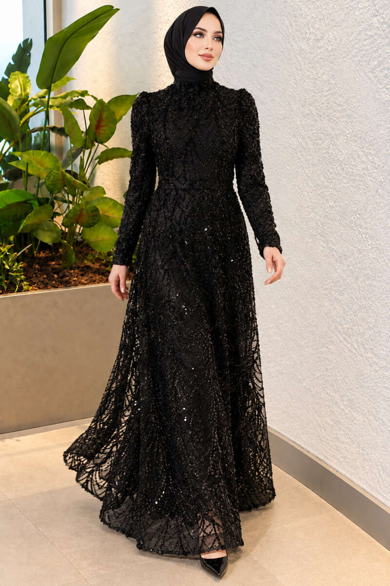 Sequin-Embroidered Patterned Evening Dress - Black