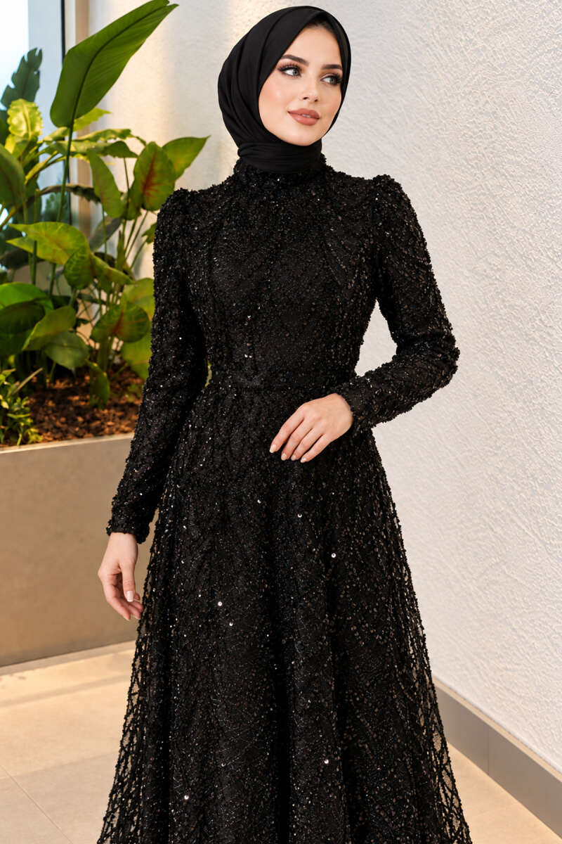 Sequin-Embroidered Patterned Evening Dress - Black