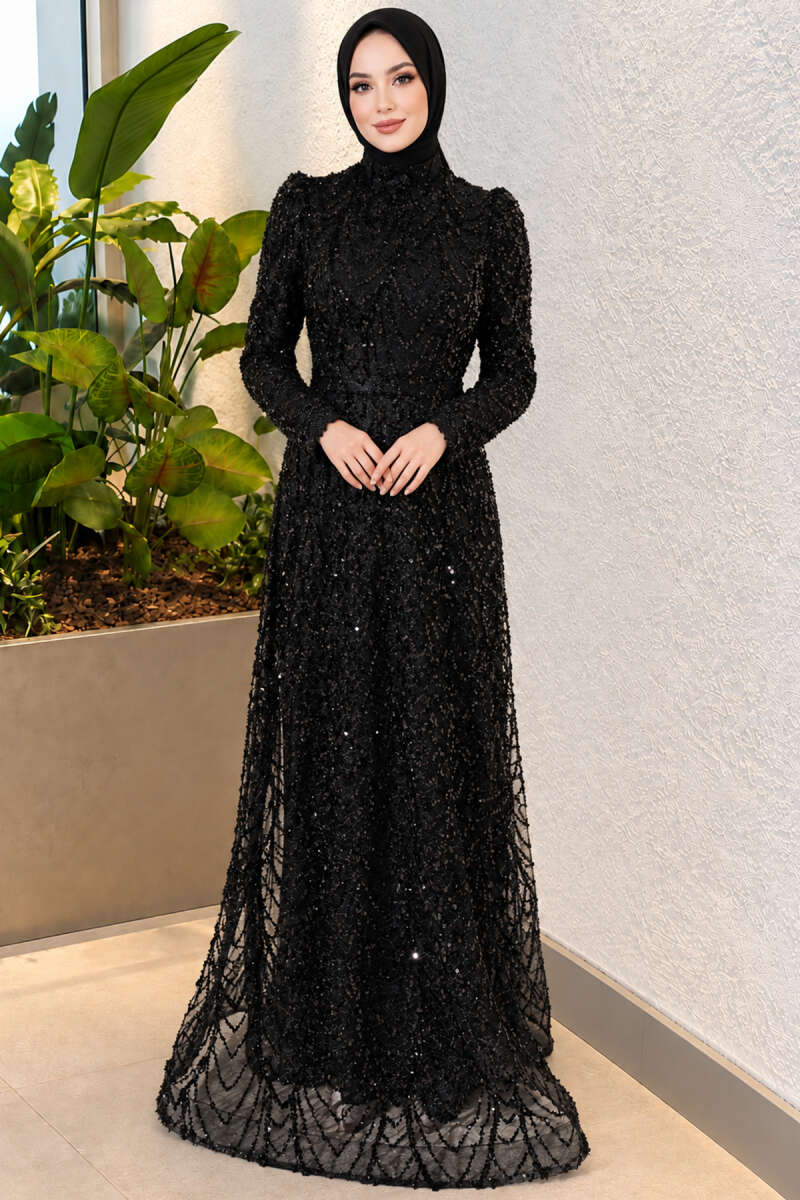 Sequin-Embroidered Patterned Evening Dress - Black